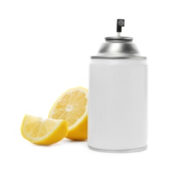 Spray air freshener and lemon on white background