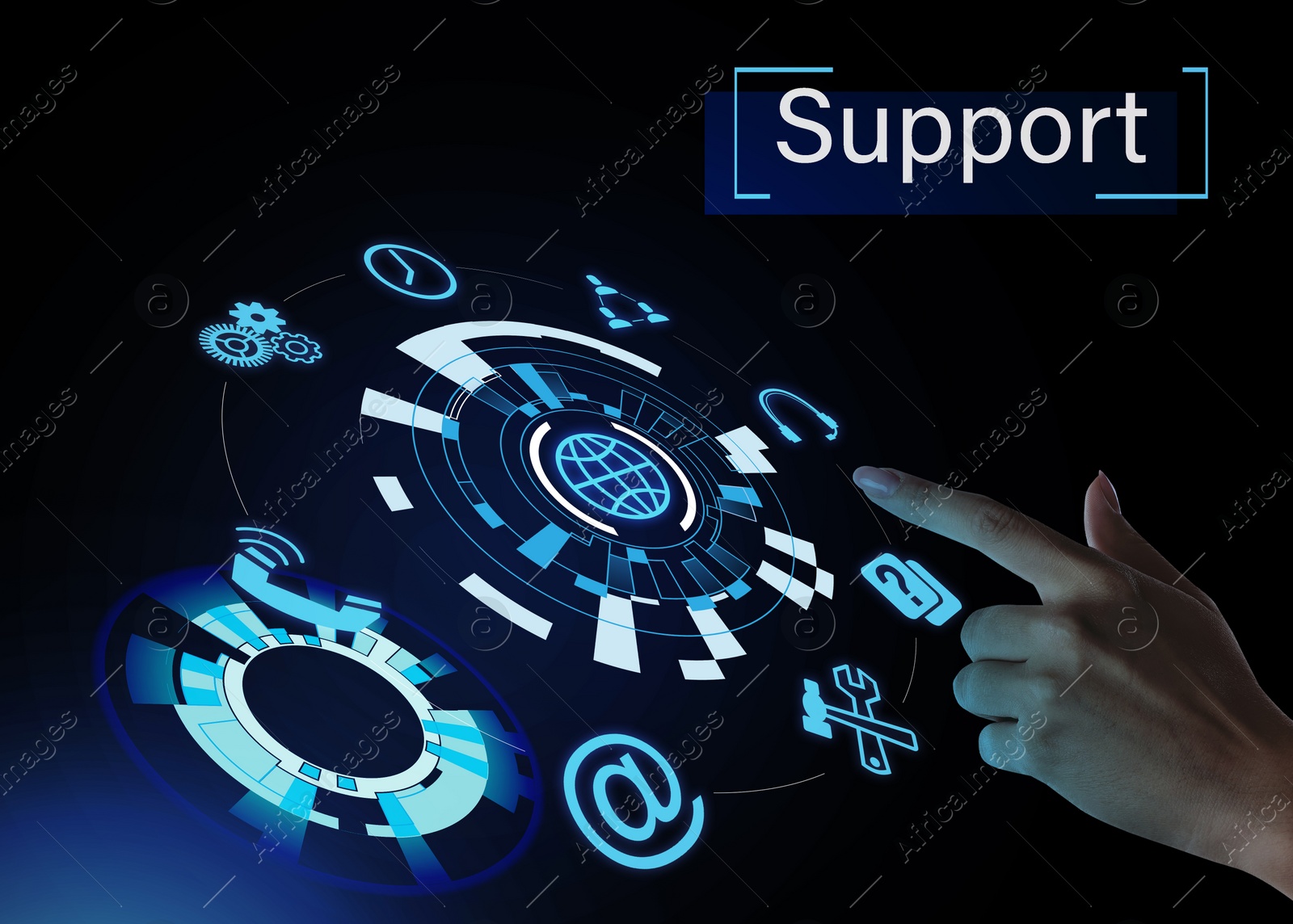 Image of Woman touching icon on virtual screen, closeup. Technical support service