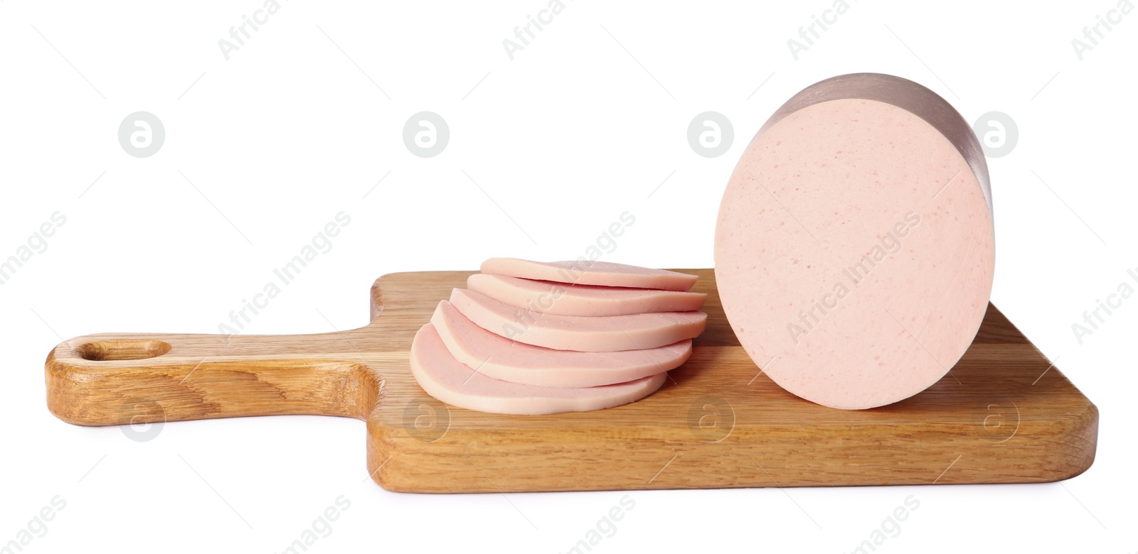 Photo of Wooden board with delicious boiled sausage isolated on white