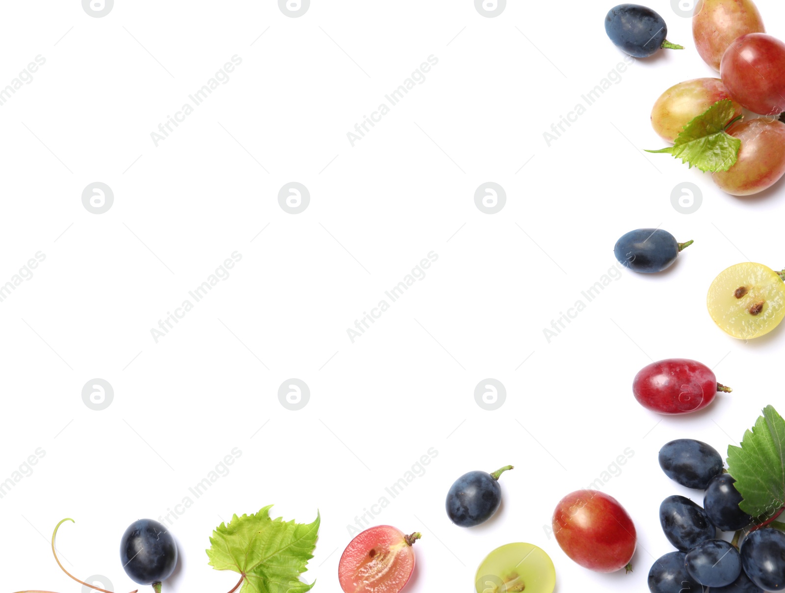 Photo of Fresh ripe juicy grapes on white background, top view. Space for text