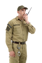 Photo of Male security guard using portable radio transmitter on white background