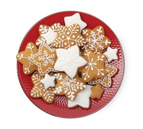 Tasty star shaped Christmas cookies with icing isolated on white, top view