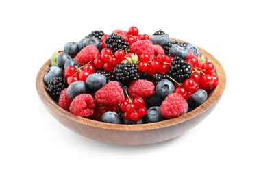 Photo of Mix of different fresh berries in bowl on white background