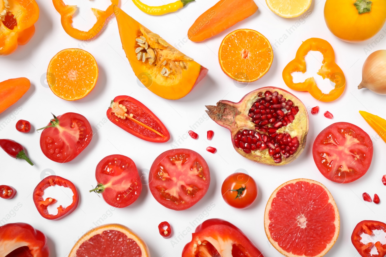 Photo of Composition with fresh organic fruits and vegetables on white background, top view