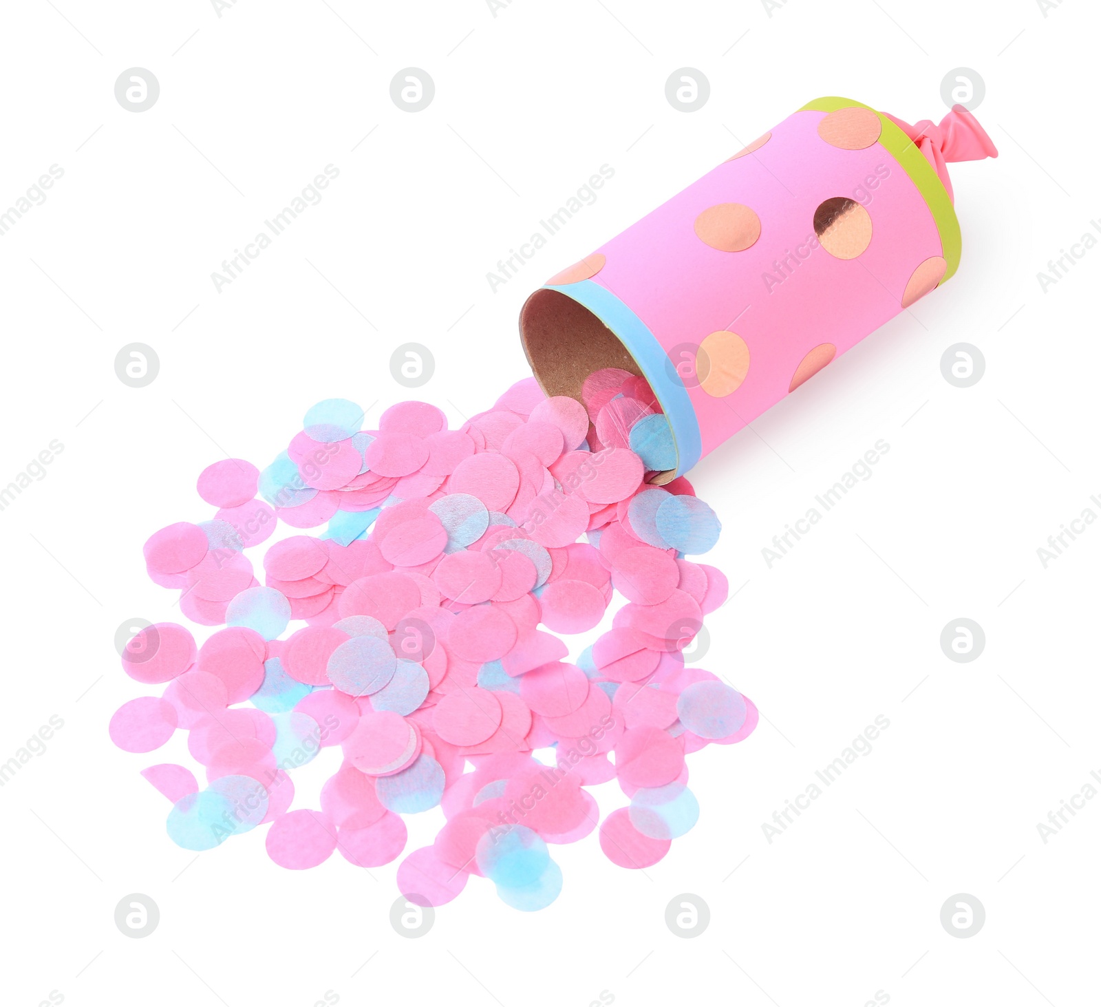 Photo of Colorful confetti with pink party cracker isolated on white, above view