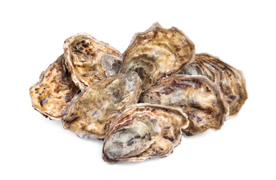 Photo of Fresh raw closed oysters on white background