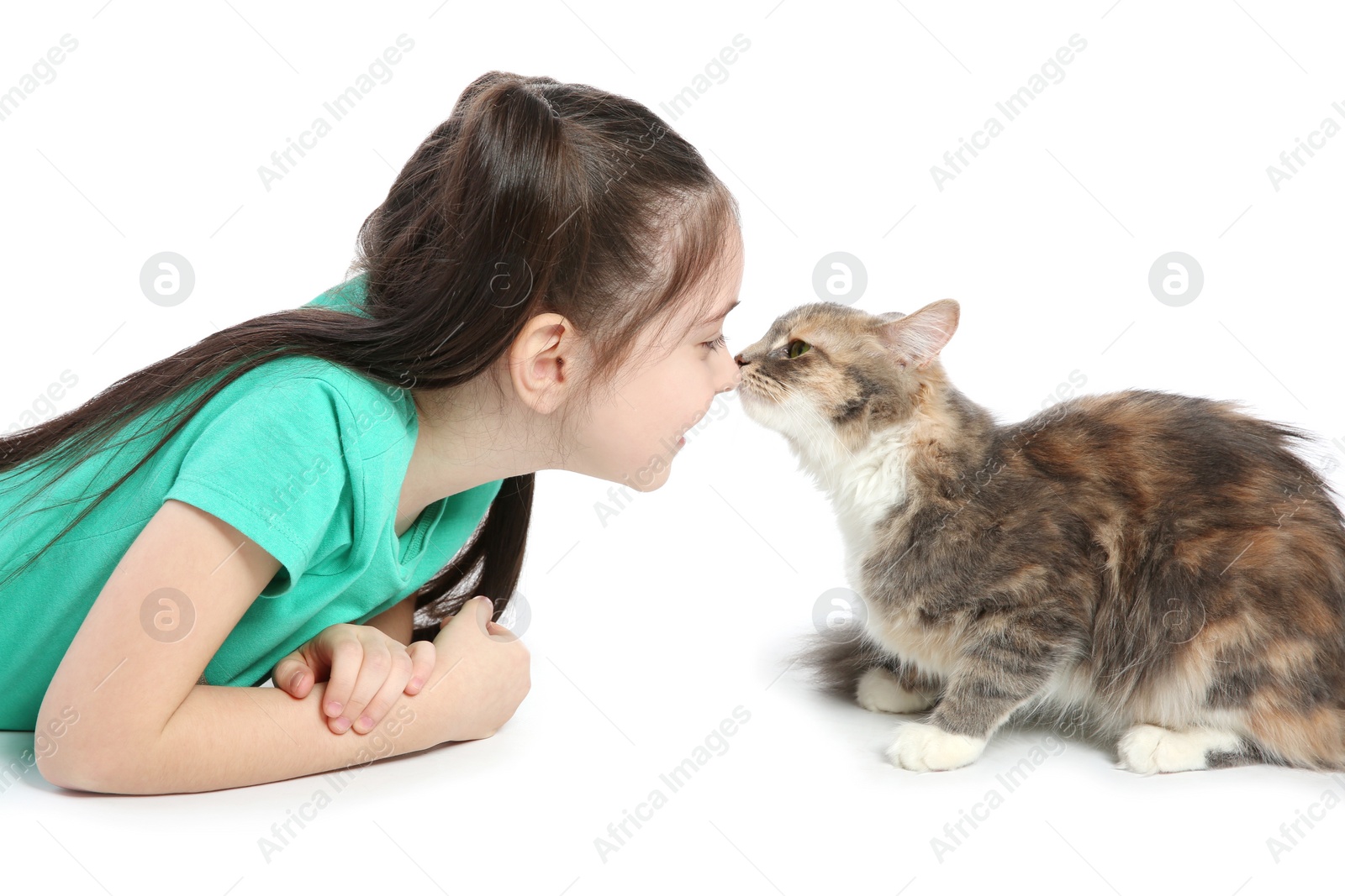 Photo of Cute little girl with cat on white background