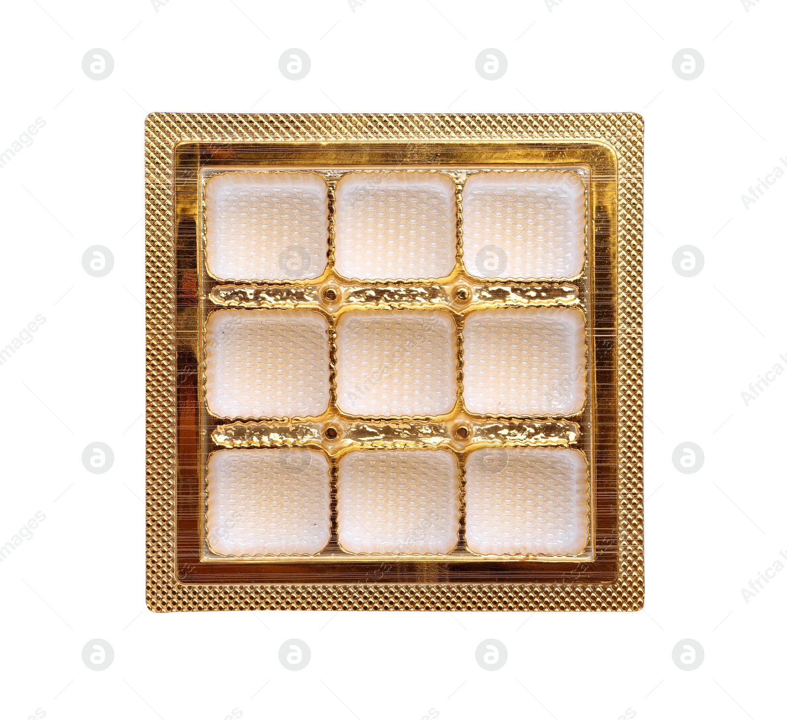 Photo of Empty box of chocolate candies isolated on white, top view