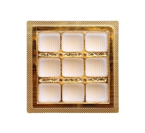 Photo of Empty box of chocolate candies isolated on white, top view