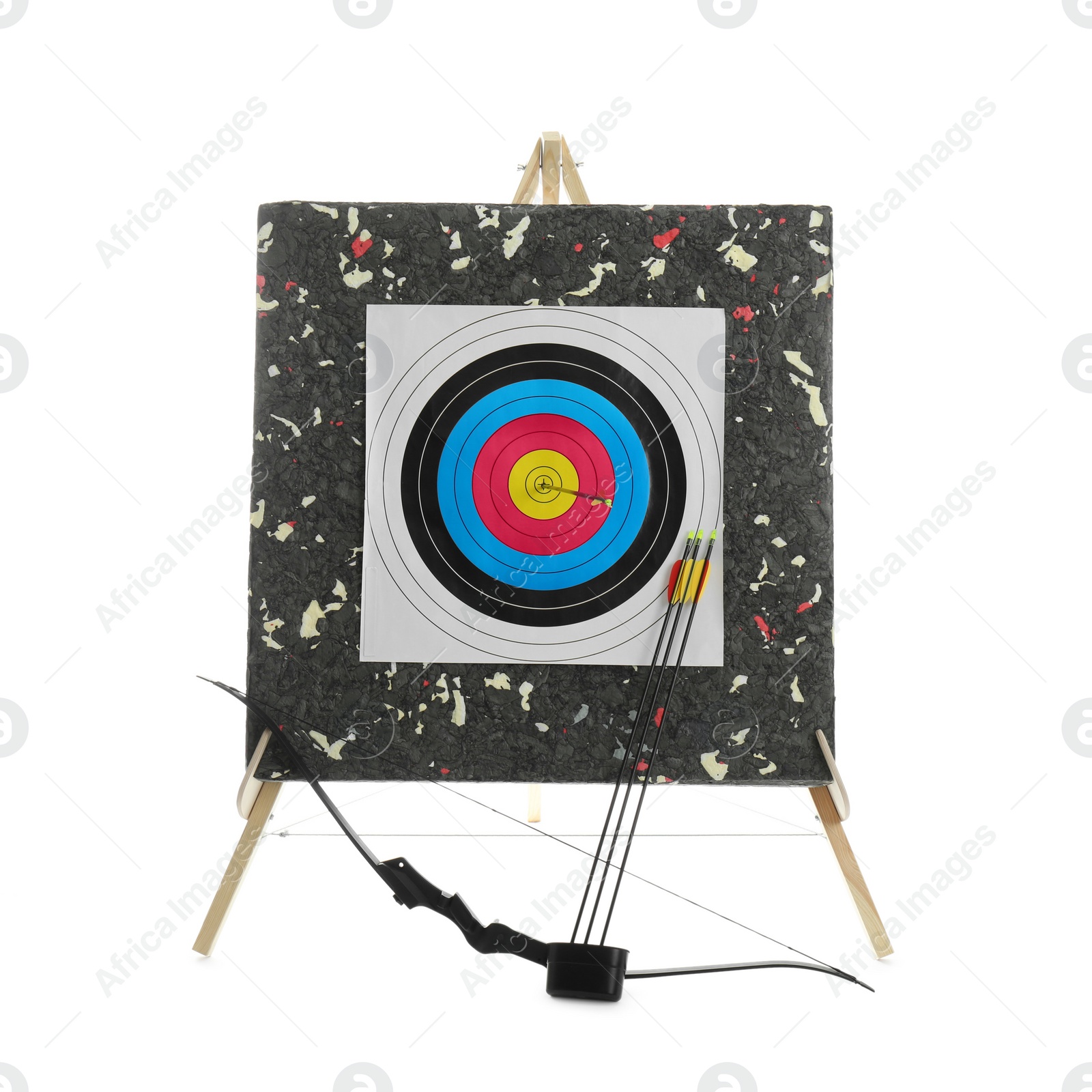 Photo of Bow, arrows and archery target on white background