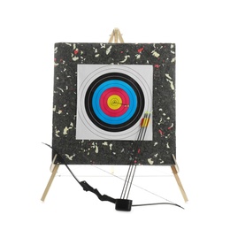 Bow, arrows and archery target on white background