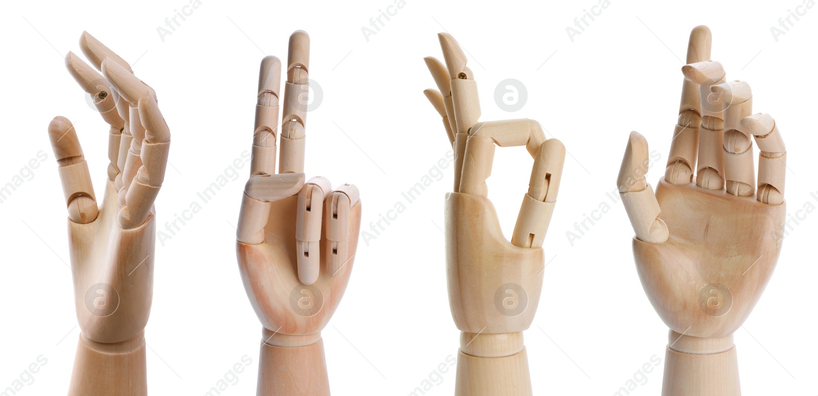 Image of Set with wooden hands of mannequins showing different gestures on white background. Banner design