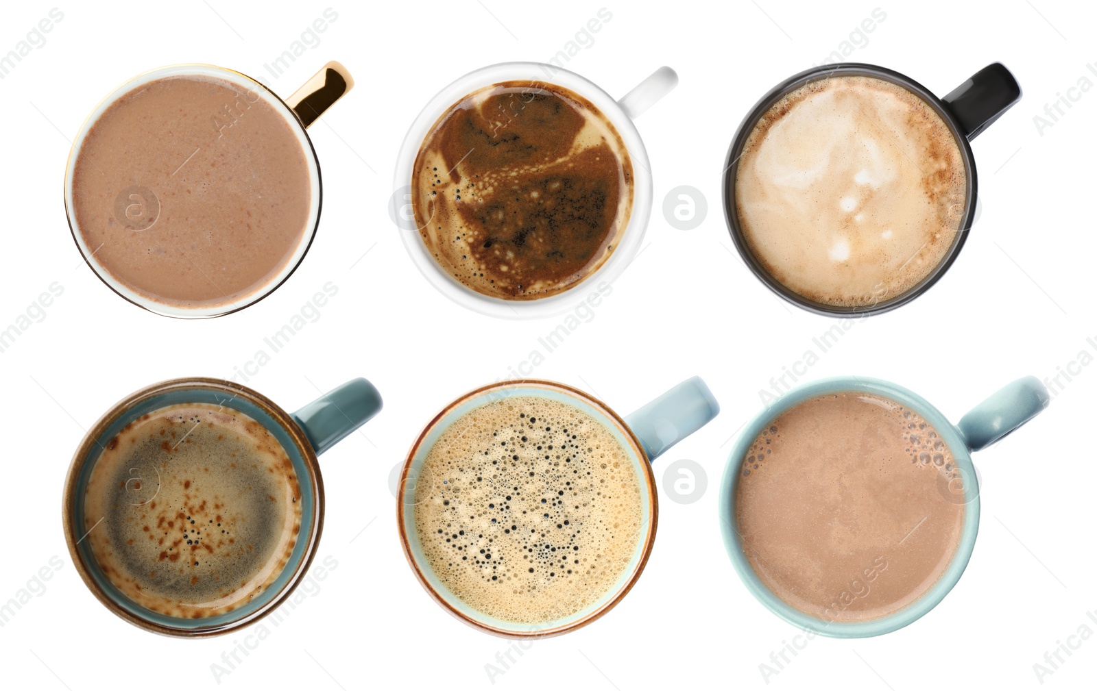 Image of Set of mugs with tasty hot drinks on white background, top view