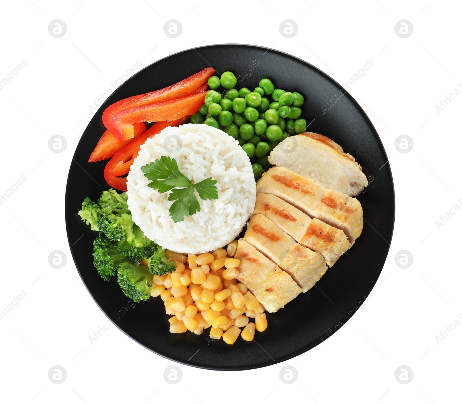 Photo of Plate with tasty rice, vegetables and meat on white background, top view