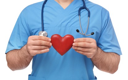 Photo of Doctor with stethoscope and red heart on white background, closeup. Cardiology concept