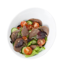 Photo of Delicious salad with beef tongue and vegetables isolated on white, top view