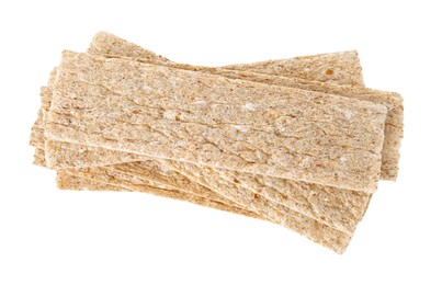 Photo of Tasty fresh rye crispbreads isolated on white, top view
