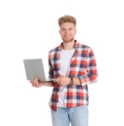 Happy man with laptop on white background