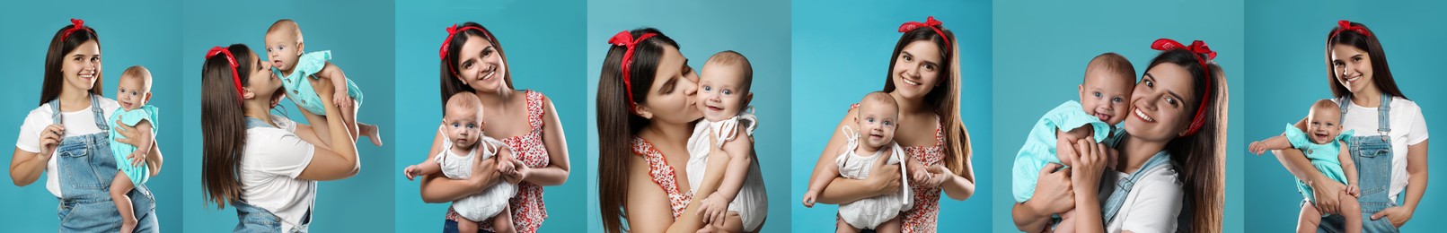 Image of Collage with photos beautiful mother and her cute baby on light blue background. Banner design