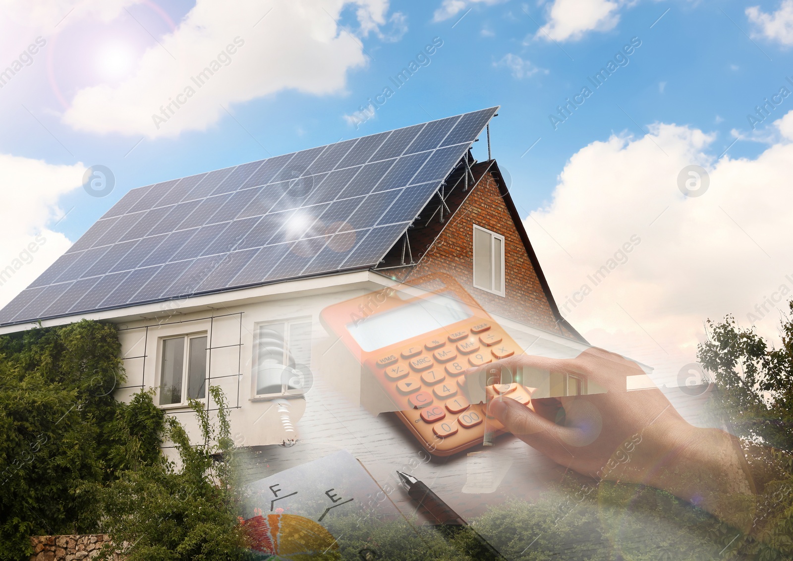 Image of Double exposure of house with installed solar panels and woman using calculator. Renewable energy and money saving