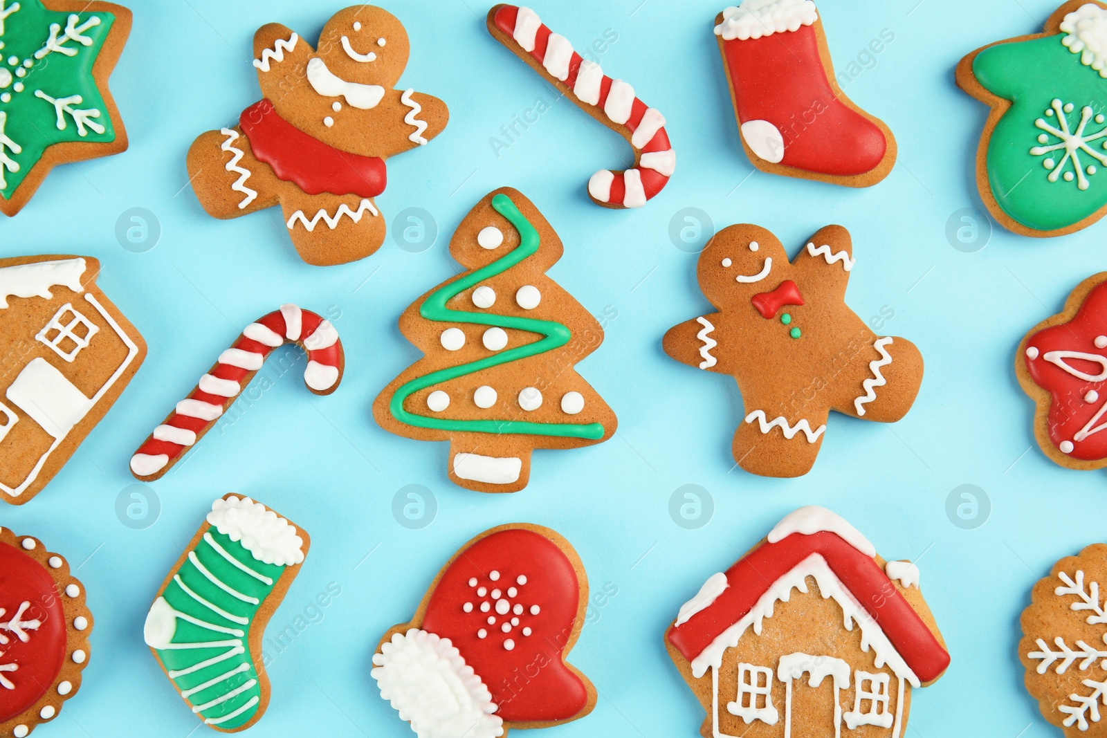 Photo of Tasty homemade Christmas cookies on color background, top view