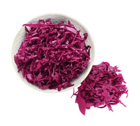 Photo of Bowl with tasty red cabbage sauerkraut isolated on white, top view