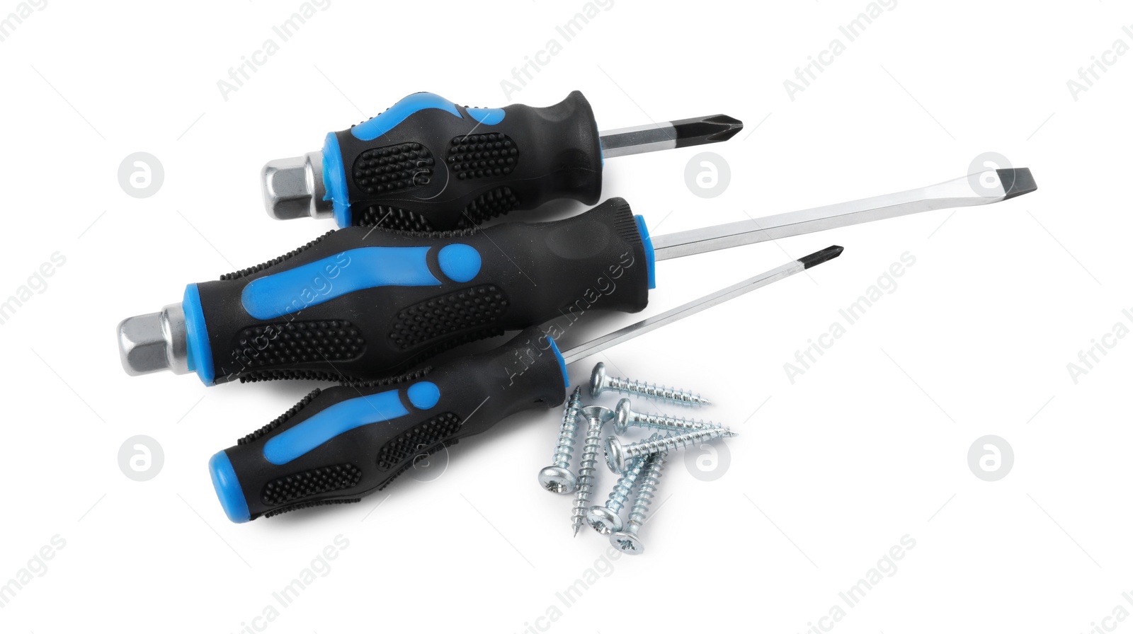 Photo of Screwdrivers with black handles and screws isolated on white