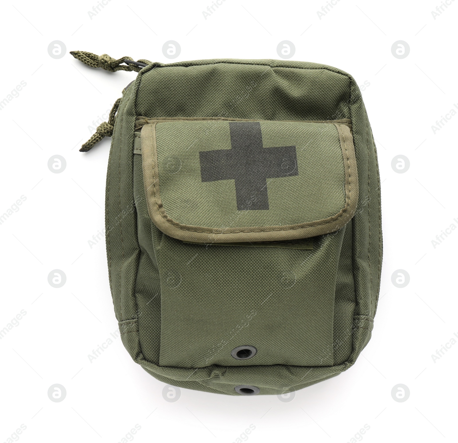 Photo of First aid kit bag on white background, top view. Health care