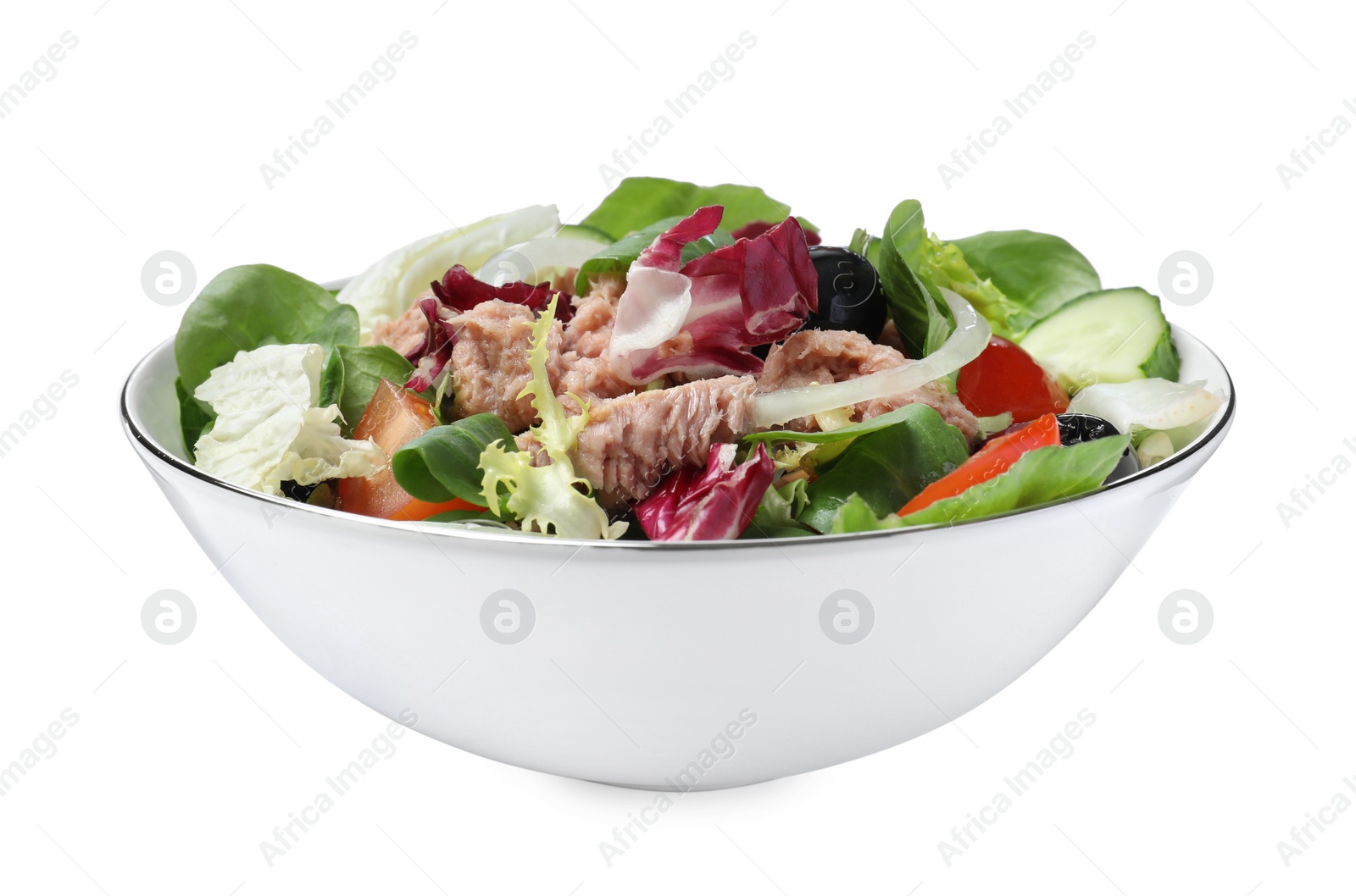 Photo of Bowl of delicious salad with canned tuna and vegetables on white background