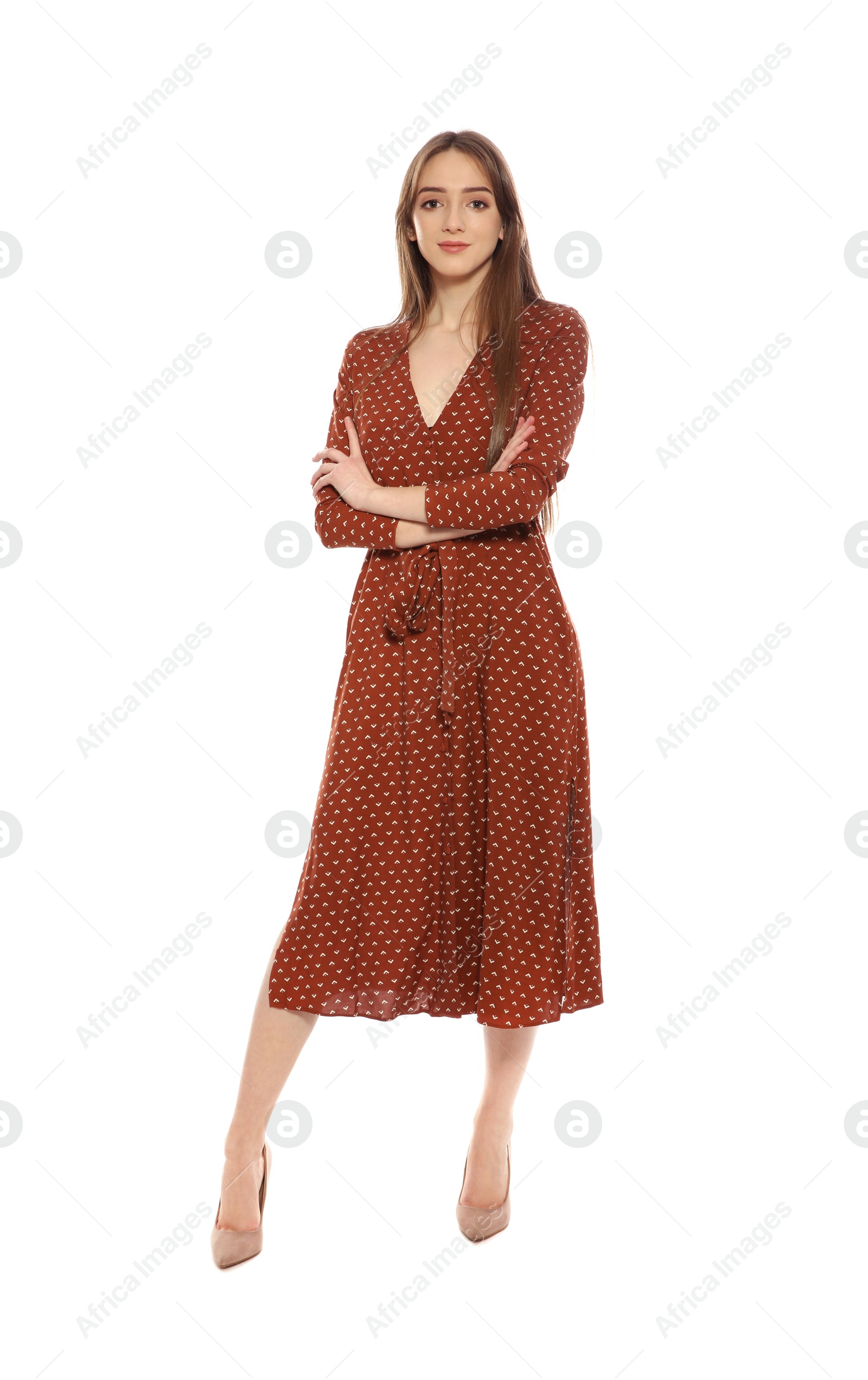 Photo of Portrait of beautiful young woman on white background