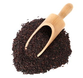 Photo of Scoop and uncooked black rice on white background