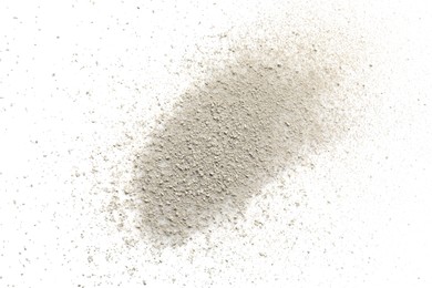 Photo of Pile of light dust scattered on white background, top view