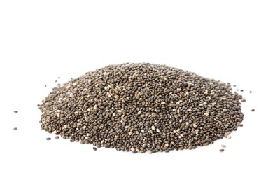 Photo of Pile of chia seeds on white background