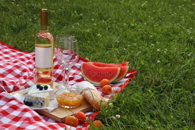 Picnic blanket with delicious food and wine outdoors on summer day, space for text