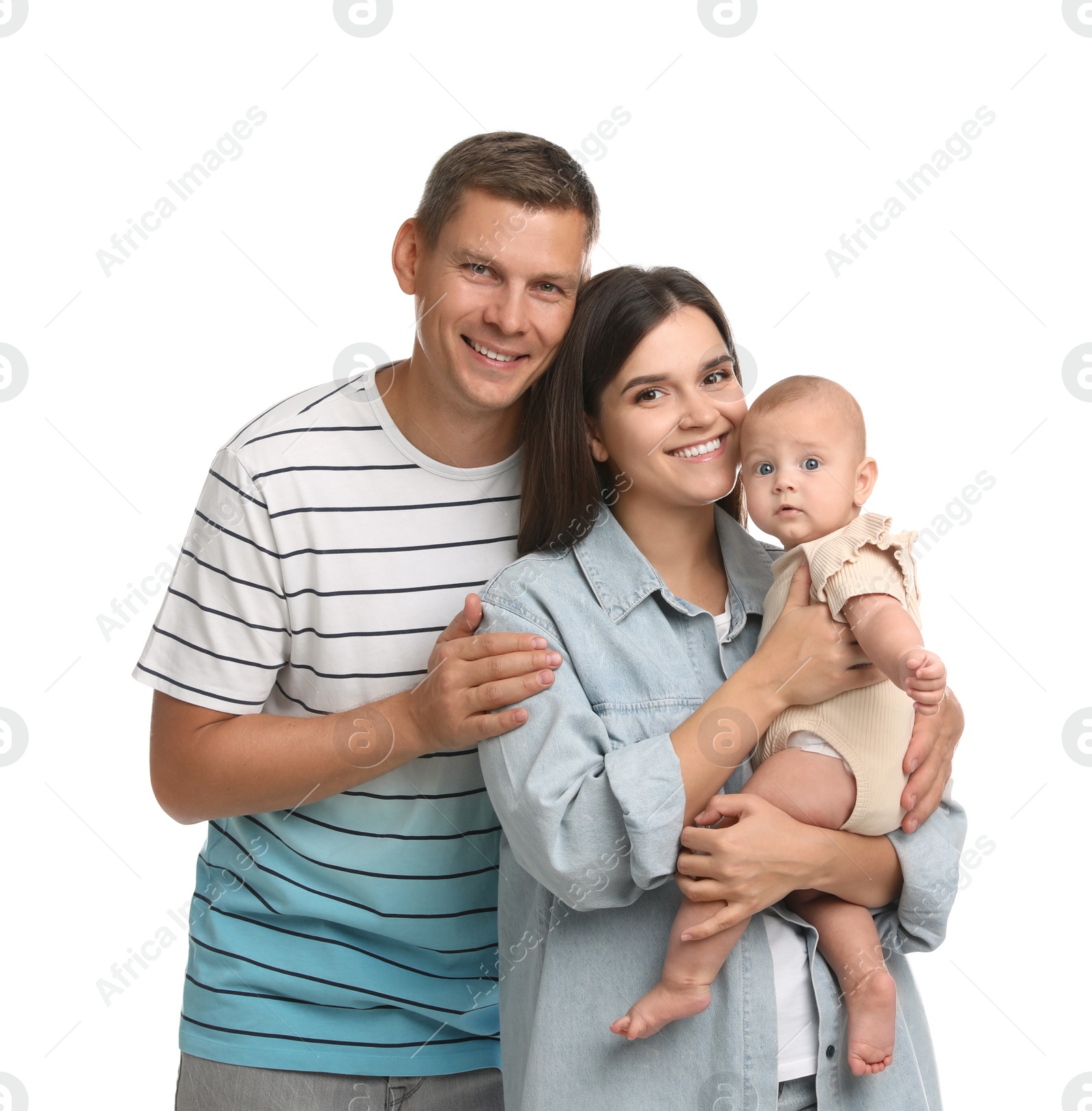 Photo of Portrait of happy family with their cute baby on white background