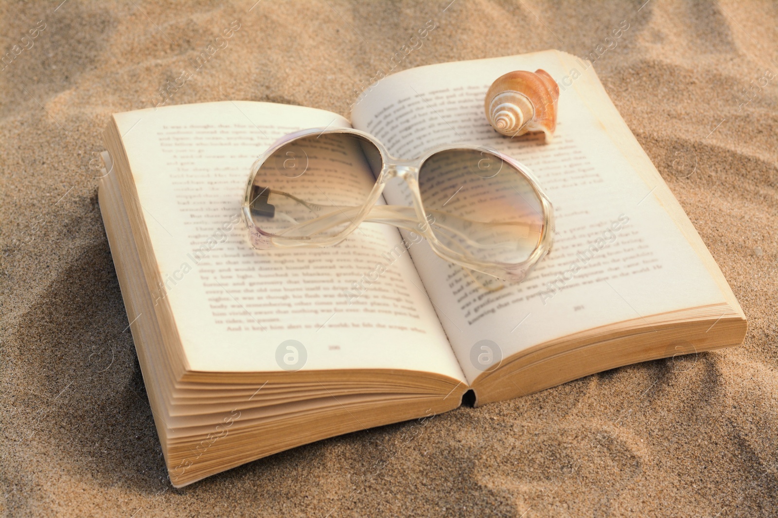 Photo of Beautiful sunglasses, book and shell on sand