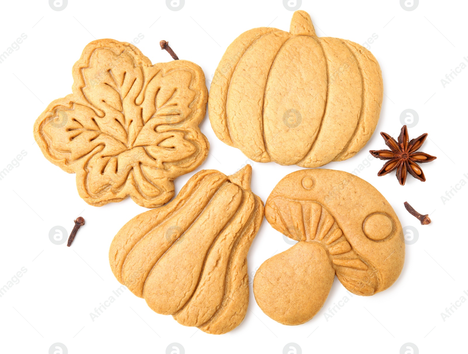 Photo of Different tasty cookies and spices on white background, top view