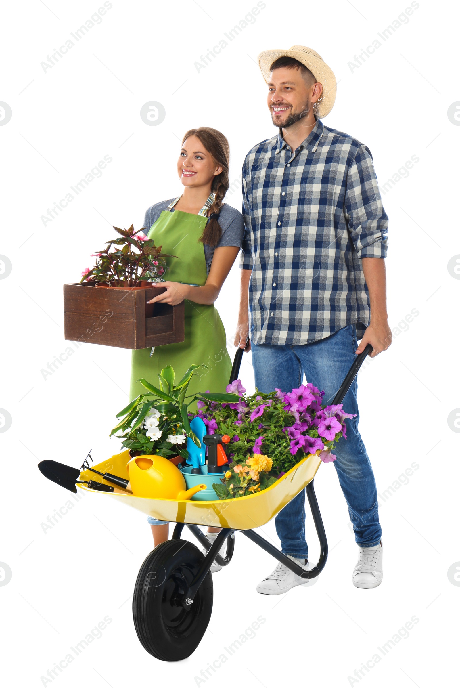 Photo of Couple of gardeners with wheelbarrow and plants on white background