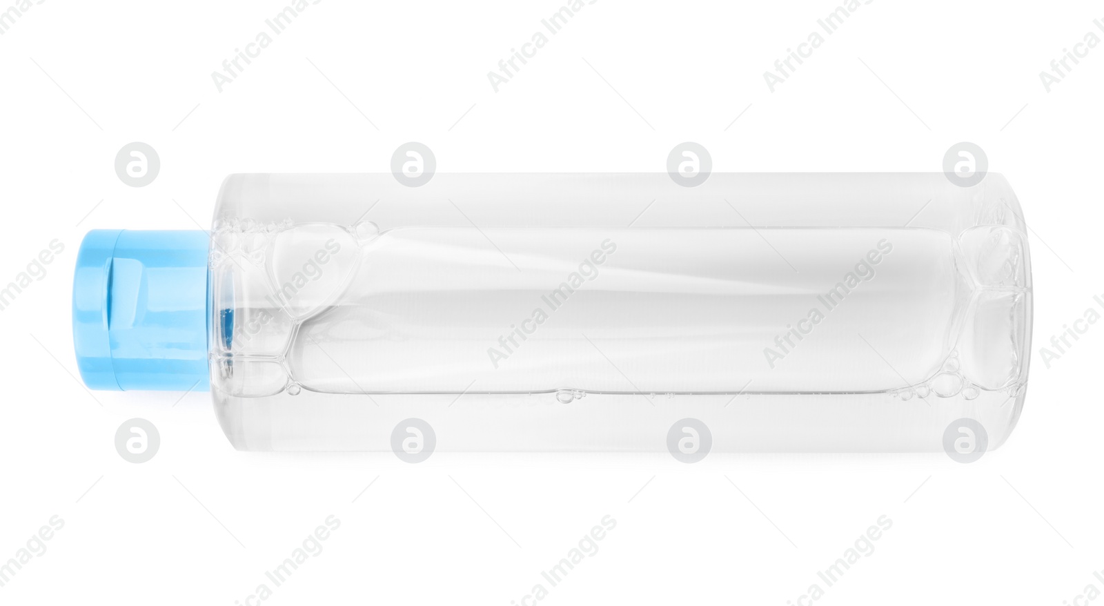 Photo of Bottle of micellar cleansing water isolated on white, top view