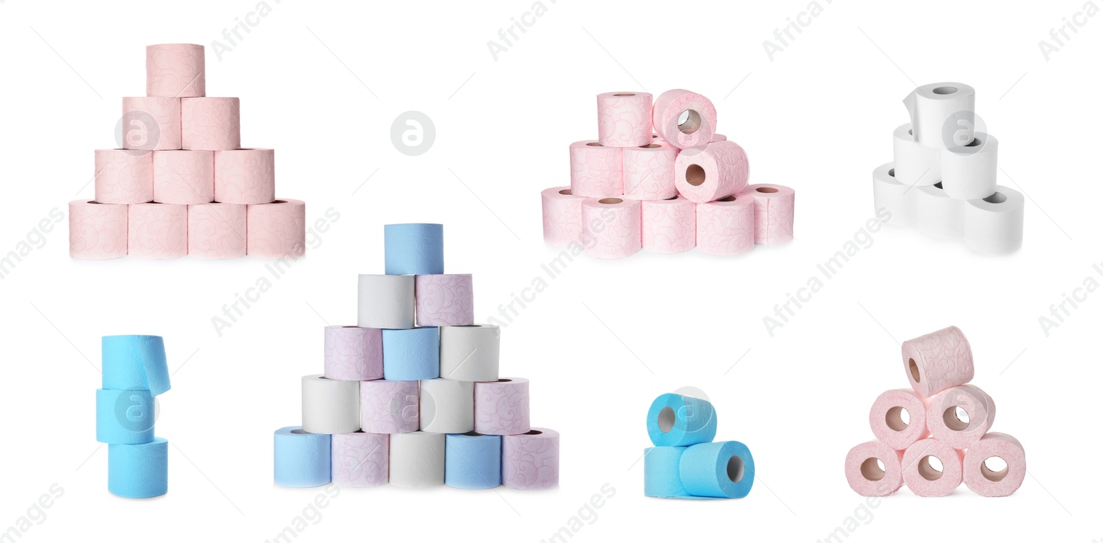 Image of Set with rolls of toilet paper on white background. Banner design