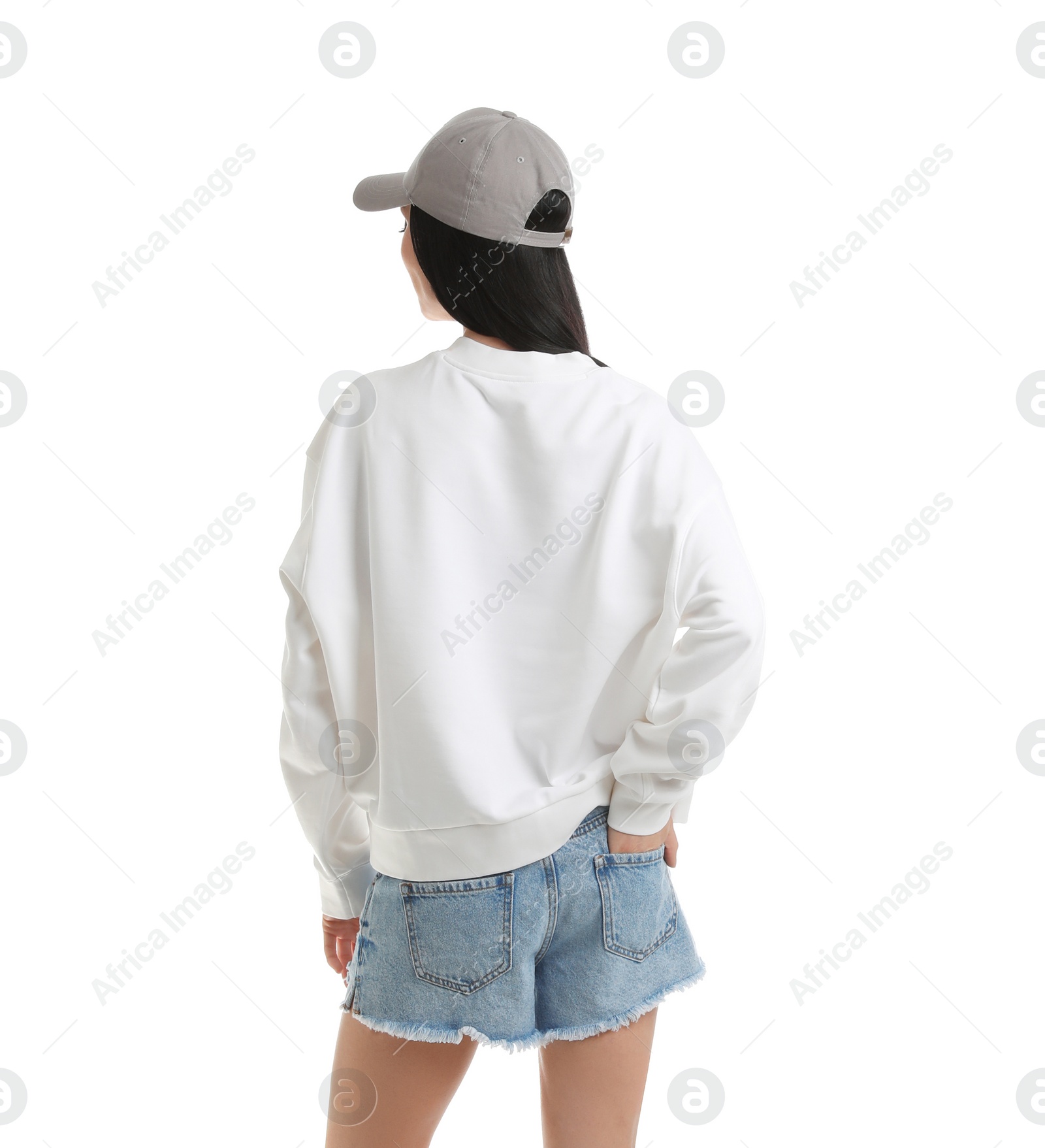 Photo of Young woman in sweater isolated on white. Mock up for design