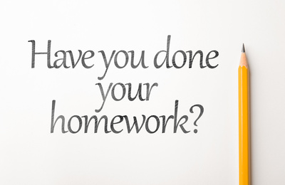 Image of Pencil and phrase HAVE YOU DONE YOUR HOMEWORK? on white background, top view 