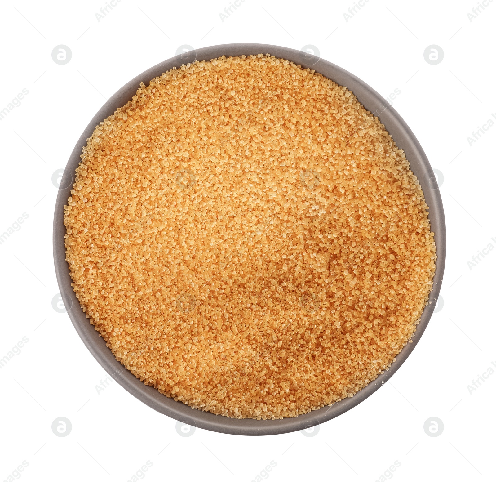 Photo of Bowl of granulated brown sugar isolated on white, top view