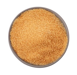Bowl of granulated brown sugar isolated on white, top view