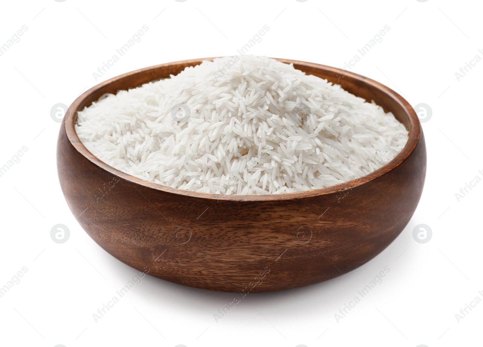 Photo of Raw basmati rice in bowl isolated on white