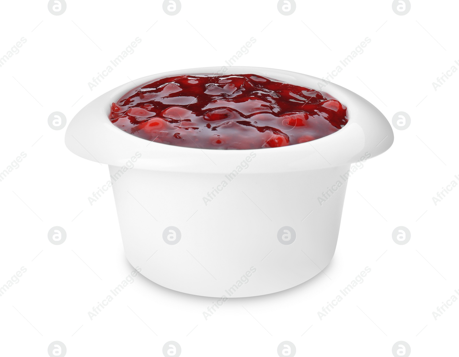 Photo of Fresh cranberry sauce in bowl isolated on white