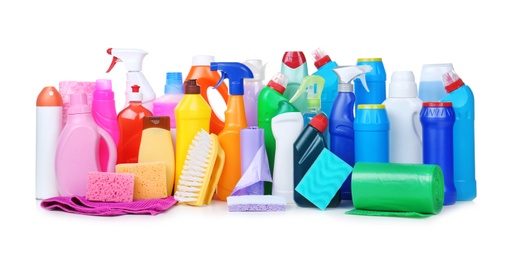 Photo of Different cleaning supplies on white background