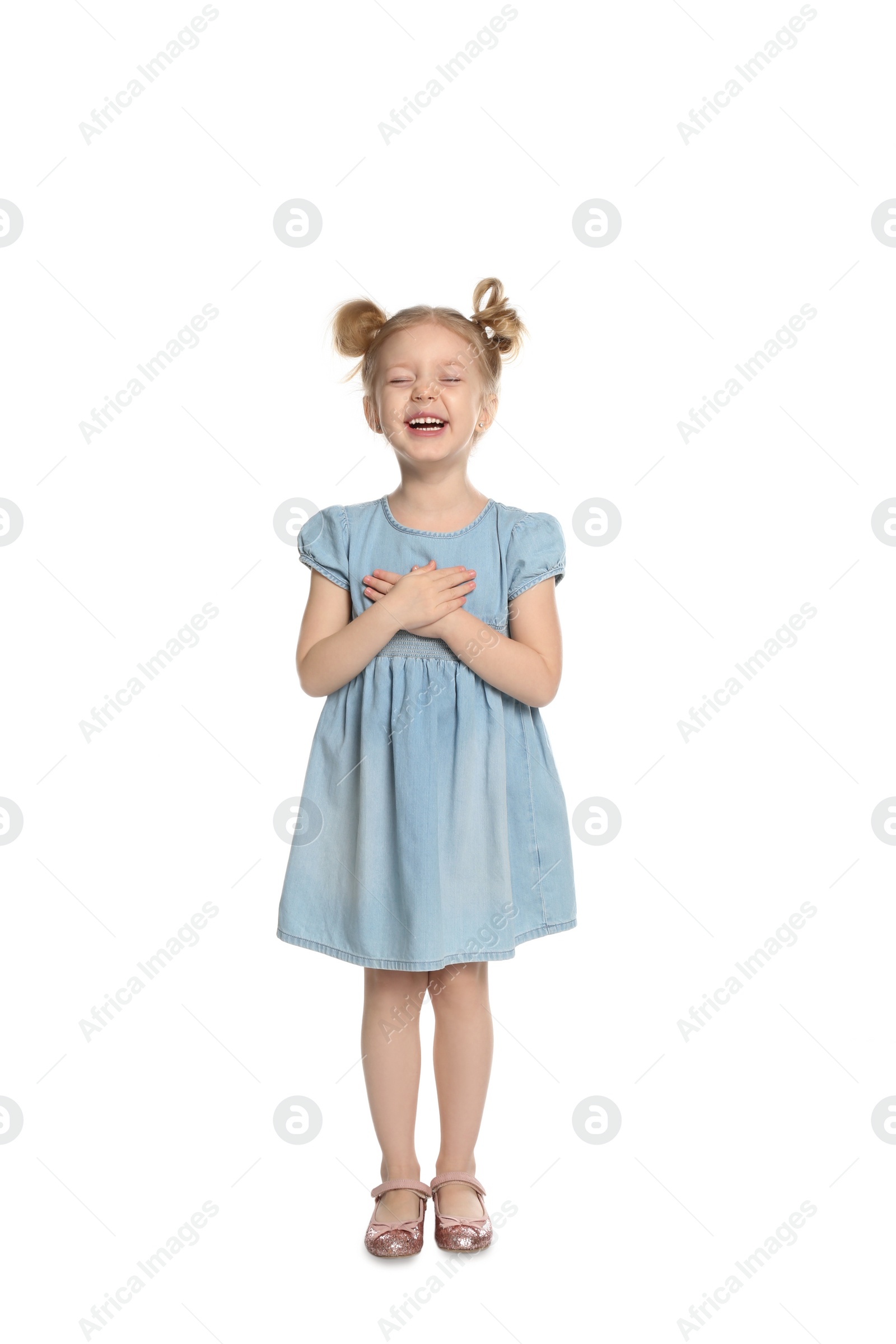 Photo of Portrait of cute little girl on white background