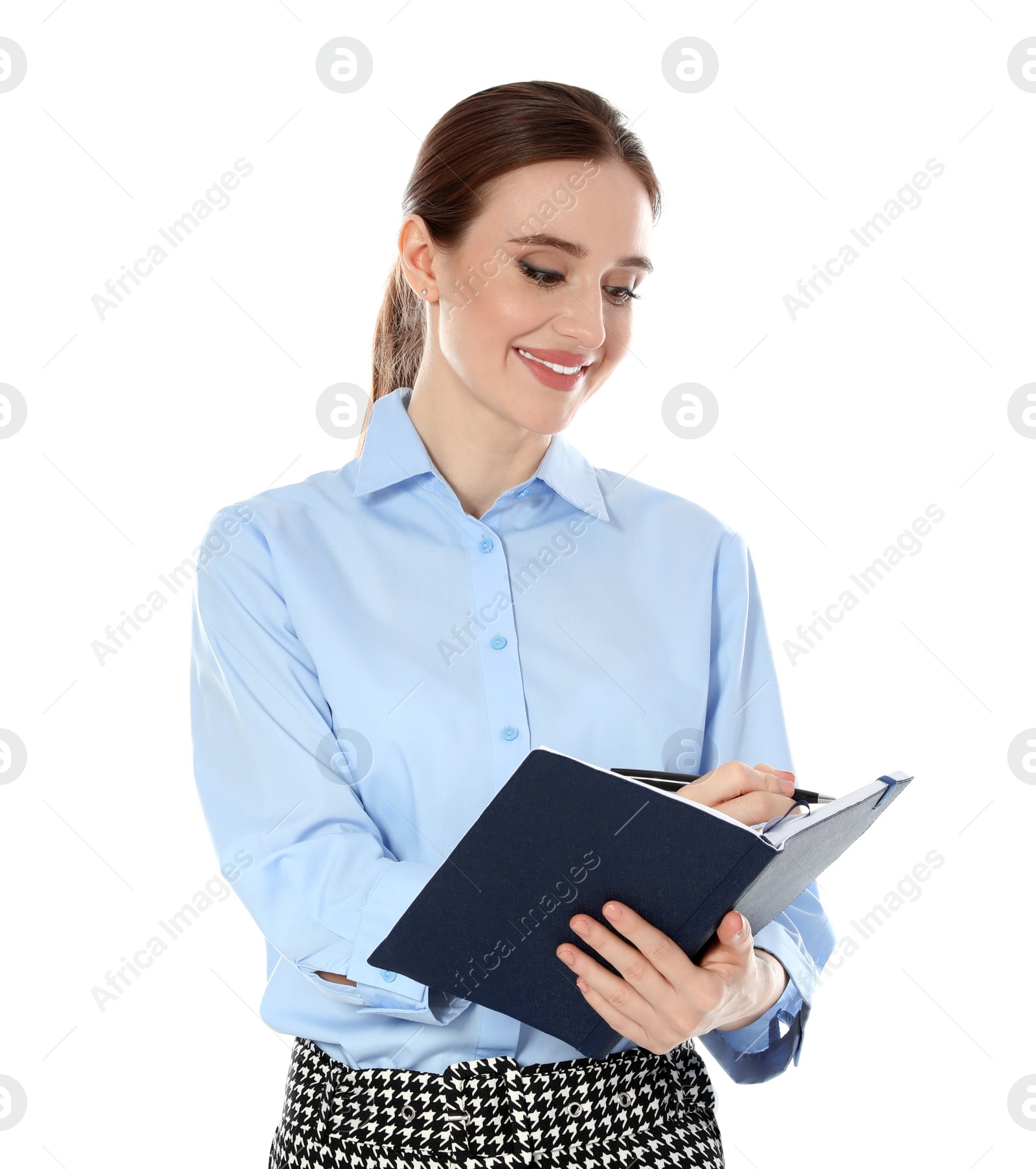 Photo of Portrait of young female teacher on white background