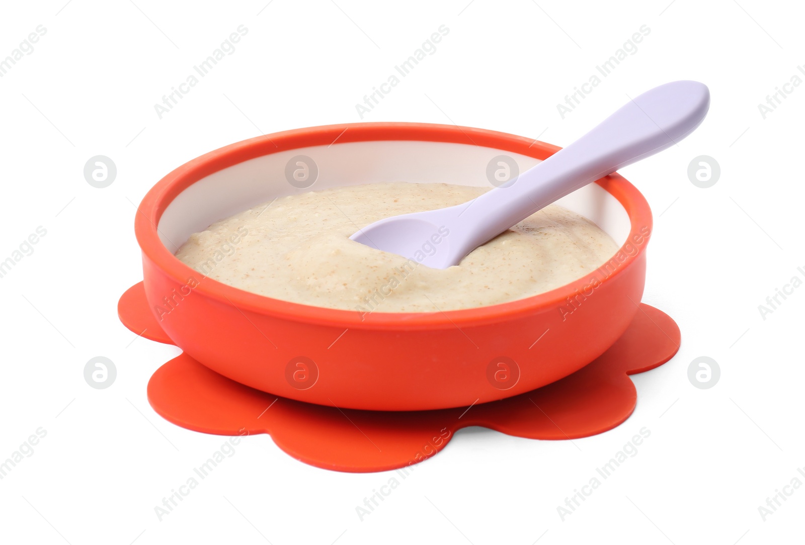Photo of Tasty baby food and spoon in bowl isolated on white